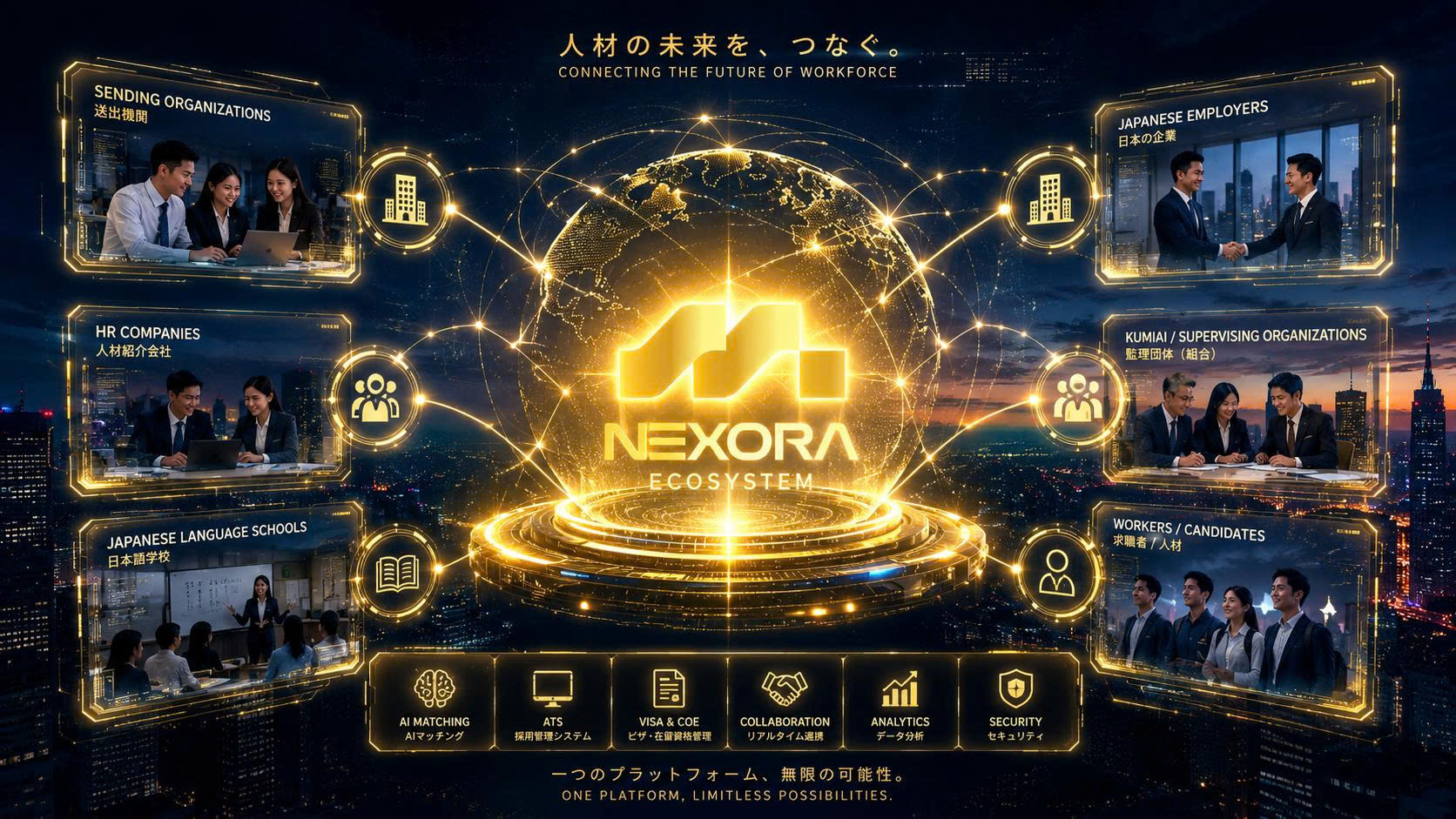 NEXORA Ecosystem — Sàn kết nối: Tổ chức phái cử, HR Company, Trường tiếng Nhật, Nhà tuyển dụng Nhật, Giám sát tổ chức, Người lao động — AI Matching · ATS · Visa & COE · Collaboration · Analytics · Security